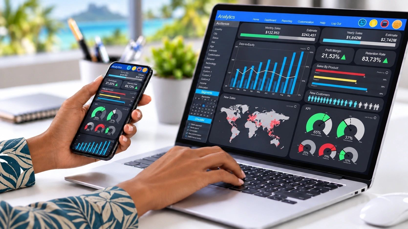Personne travaillant avec des tableaux de bord analytiques