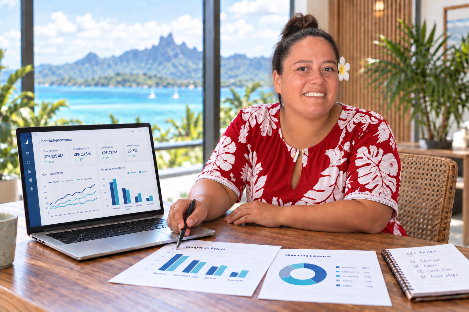 Consultante financière avec tableau de bord à Bora Bora